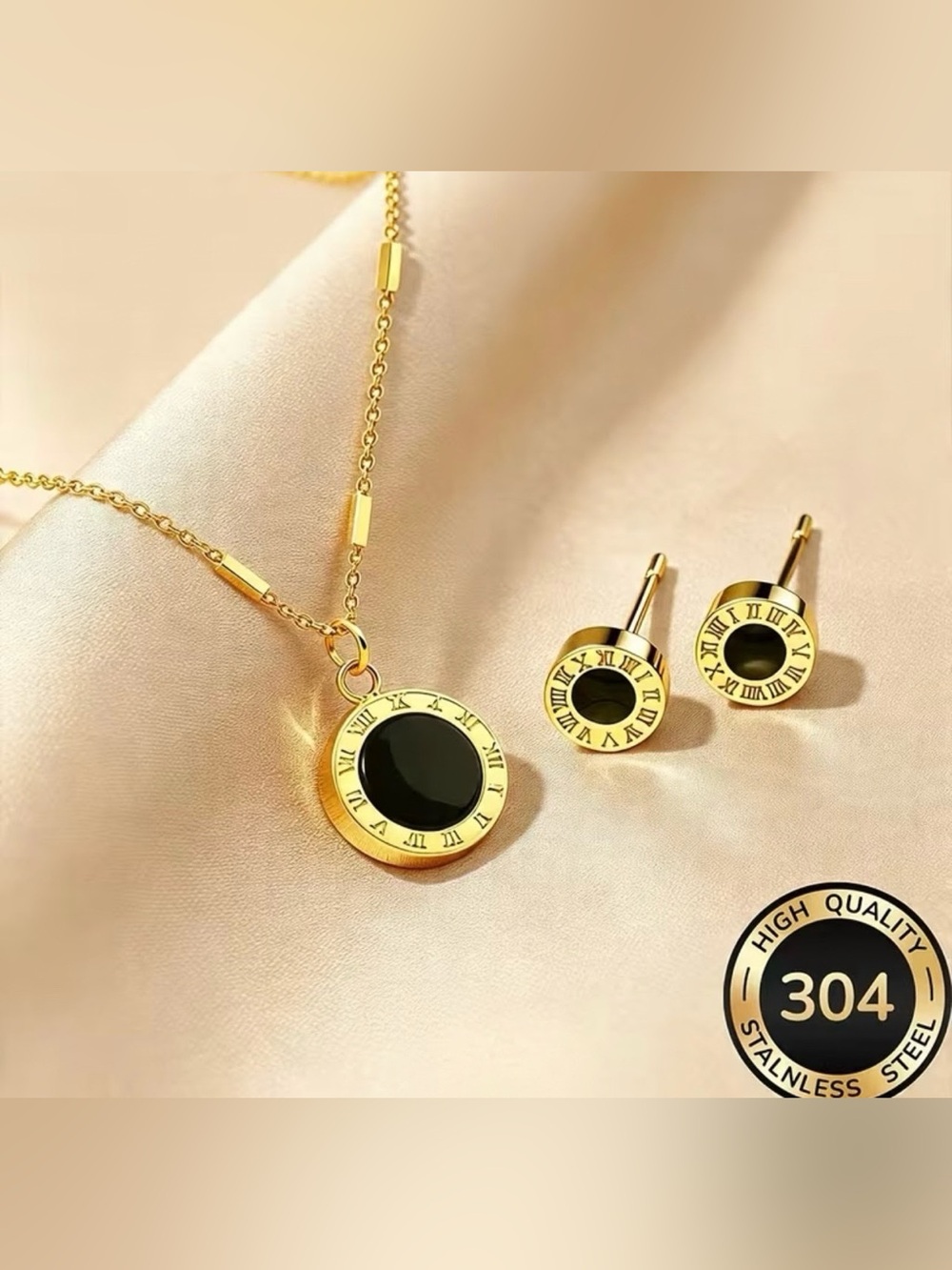 Gold-Tone Necklace and Stud Earrings Set with Black Dial